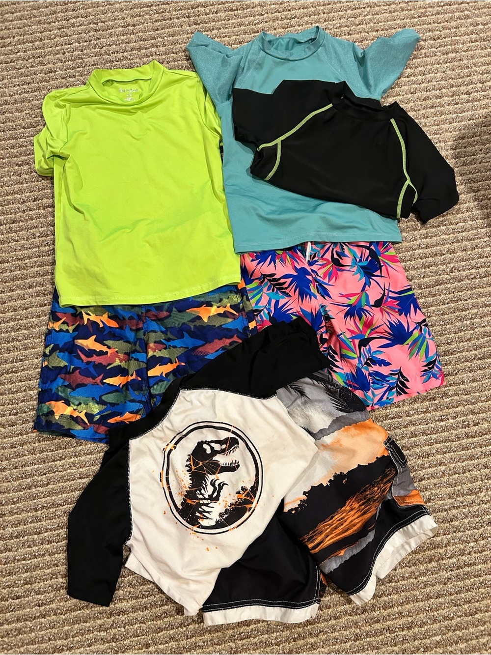Kids swim bundle - 3 trunks and 4 rash guard tops.